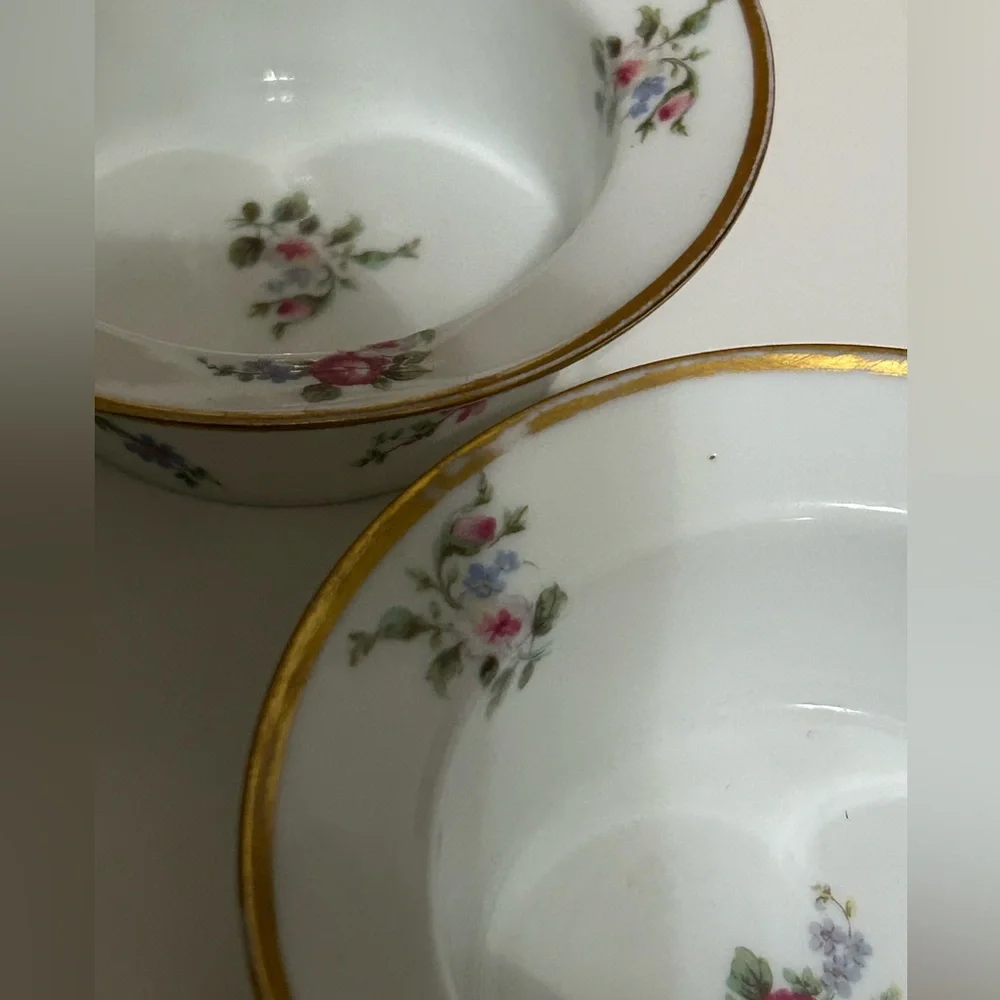 GDA Limoges Ramekin Bowls with Pink Rose Design and Gold Rim France